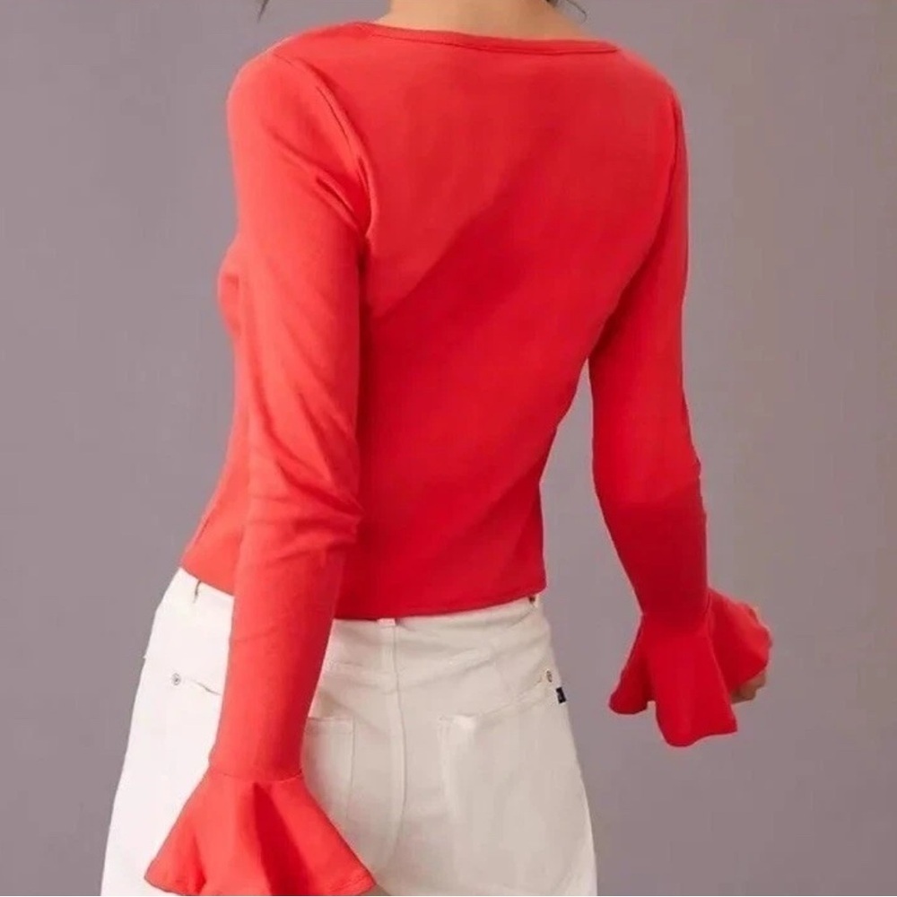 Mauve by Anthropologie Red Bell Sleeve 100% Cotton Top, Size Extra Small - Picture 2 of 9